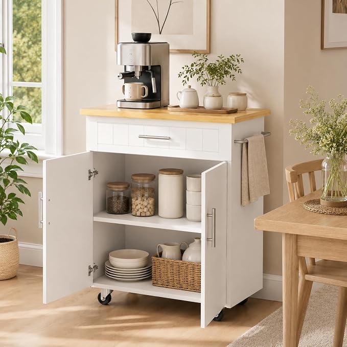 JY QAQA 26" Rolling Kitchen Island Cart on Wheels, Mobile Storage Cabinet with Adjustable Inner Shelves, Kitchen Prep Cart with Towel Rack & Lockable Casters for Small Apartment Kitchen, White