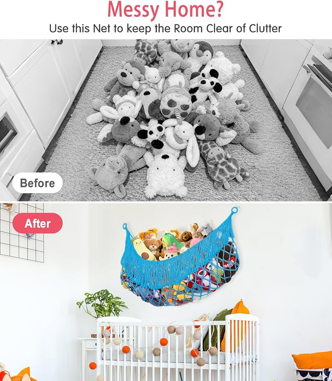 Stuffed Animal Hammock - Extra Large 63'' Long (Peacock blue) | Premium Cotton Hand-knitted, Beautiful Long Tassel, Storage Hanging Organizer, Can Fit Stuffed Animals 40 Piece or More