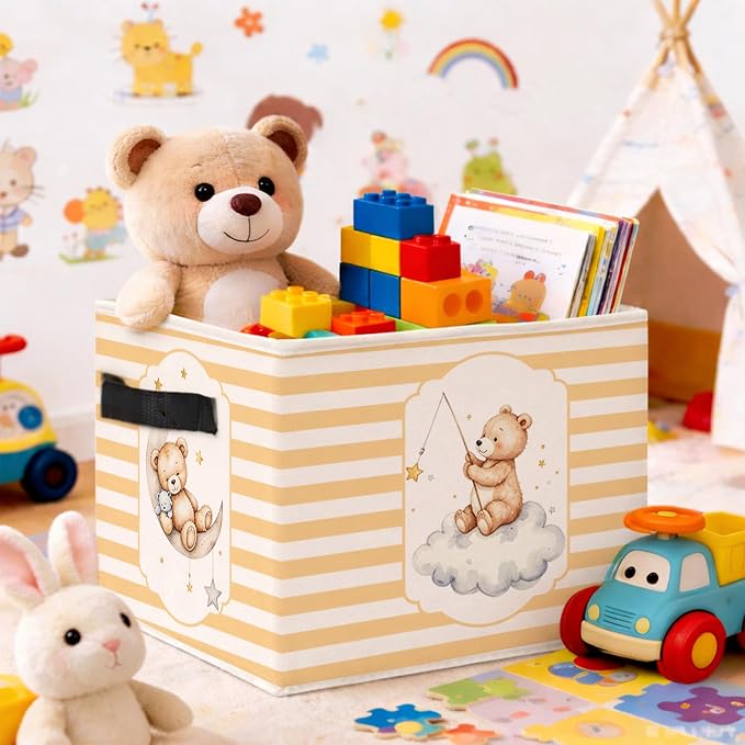 Moon Teddy Bear Storage Basket, Yellow Stripe Toy Organizer | Foldable fabric bin with a moon teddy bear and yellow stripes, perfect for toys, books, clothes, and nursery storage.