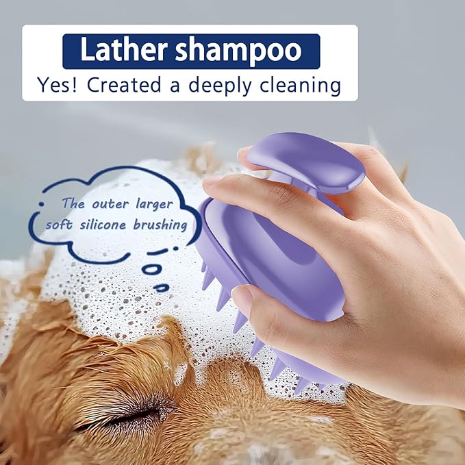 All-purpose Dog Shampoo Bath Brush,Pet Grooming & Soothing Massage Silicone Brush,Fits Ergonomically in the Hand for Long Short Haired Dogs and Cats(Purple)