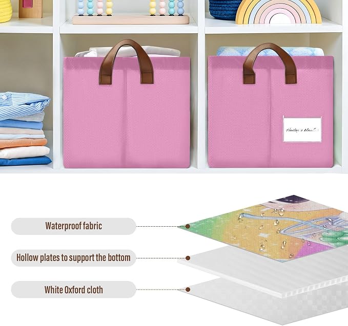 Cute White Cat Rainbow Colorful Baby Storage Basket with Labels&Handles Rectangular Nursery Storage Bins Collapsible Shelf Organizer Baskets for Kids Books Cloth Gift Basket Toys Laundry, 2 Pack