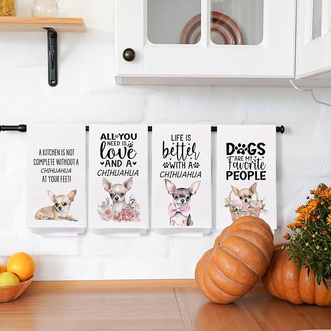 SPBL&L Chihuahua Decor Dish Kitchen Towels Set of 4, Chihuahua Gifts for Women,Dog Decorative Hand Towels for Bathroom, 16x24 Inches