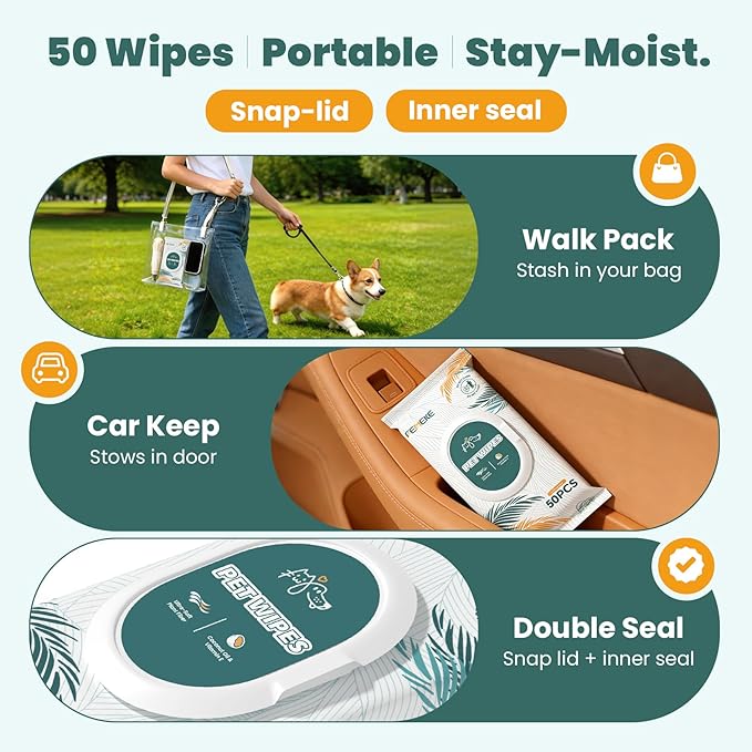 400 Count Dog Wipes & Cat Wipes (8x50 Packs) | Hypoallergenic, pH Balanced for Paws, Body, Face & Grooming |All-Natural Plant Fiber Wipes with Aloe, Coconut Oil & Vitamin E |Pearl Texture