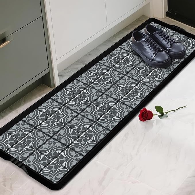BEHERO Boot Tray Shoe Mat Decorative Patterned, Rubber Boot Matt Tray Indoor and Outdoor Use, 16" x47.5" Shoe Cleaning Mat Non-Slip, Shoe Storage Waterproof with Artistic Prints for Entryway(Gray)
