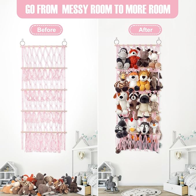 Stuffed Animal Net or Hammock Large Plushie Net Corner 4 Layer Toy Storage | Handmade Stuffed Animal Hammock Net with Boho Macrame Design Corner Organized Saves Space Holder Hanging for Plush Toys Pink