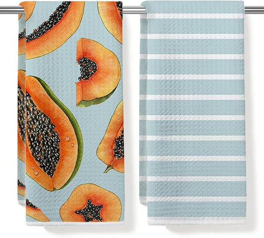 Papaya and Blue Stripes Kitchen Towels, Quick Dry Multipurpose Waffle Weave Hand Towels for Bathroom, Absorbent Reusable Cloth Tea Dish Towels for Home Decor, Papaya Lover Gift Towel Set of 2