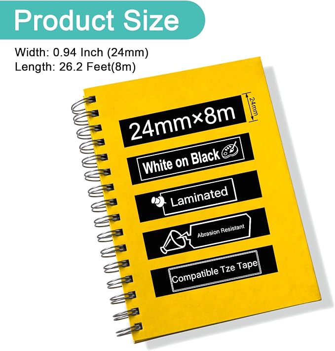 NineLeaf 2 Pack White on Black 24 mm x 8 m 1'' 26.2ft Label Tape Cassette Compatible for Brother P-Touch TZe355 TZ-355 TZe-355 TZ355 Laminated for PT-P700 PT-P750W PT-D600 PT-520 PT-530 Label Maker