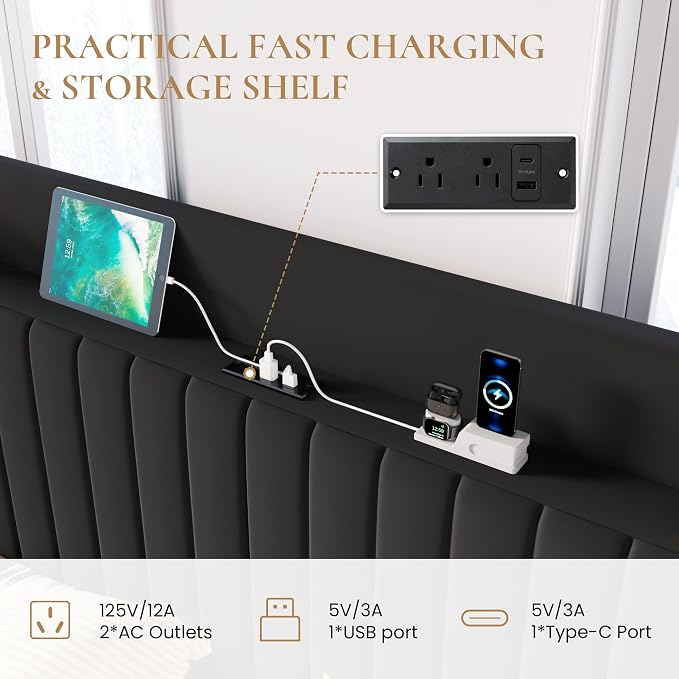 SHA CERLIN Full Size Lift Up Storage Bed Frame, Charging Station, Black | Storage Headboard with Charging Station, USB, Type-C Port Velvet Hydraulic Storage Bed No Box Spring Needed Noise Free
