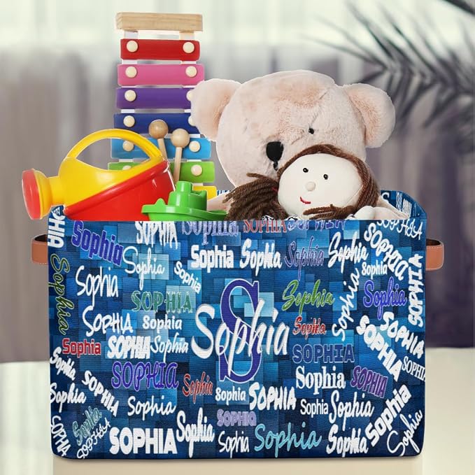 Custom Storage Baskets Name, Personalized Storage Bins Basket Boxes PU Leather Handles for Clothes Bedroom Closet Organizing Toys Books Shelves, Blue Geometric Pattern Background