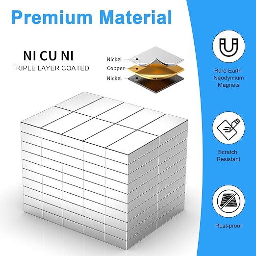 100 Pack 10x5x2 mm Rare Earth Neodymium Magnets | Powerful Small Strong Metal Rectangular Bar Magnetic Strip Magnet for Fridge Garage Kitchen Science Craft Office, Silver