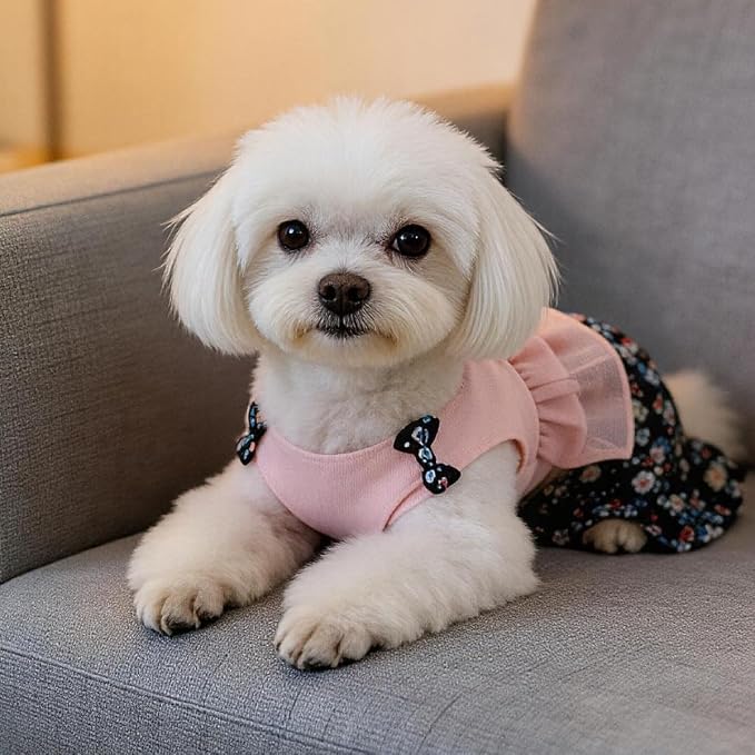 Vintage Floral Bowknot Sleeveless Romper for Small Dogs Cats Rabbits, Breathable Cotton Ruffle Flared Pants, Teacup to Small-Medium Pets for Walk Photo Vacation (Pink-Floral, X-Large)