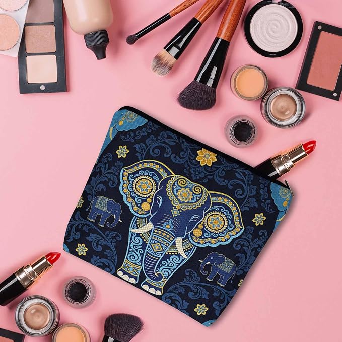 Elephant Makeup Bag - Adorable Cosmetic Bag, Day Of The Dead Sugar Skull Elephant Blue Zipper Bag Travel Toiletry Organizer Pouch For Gym Bathroom