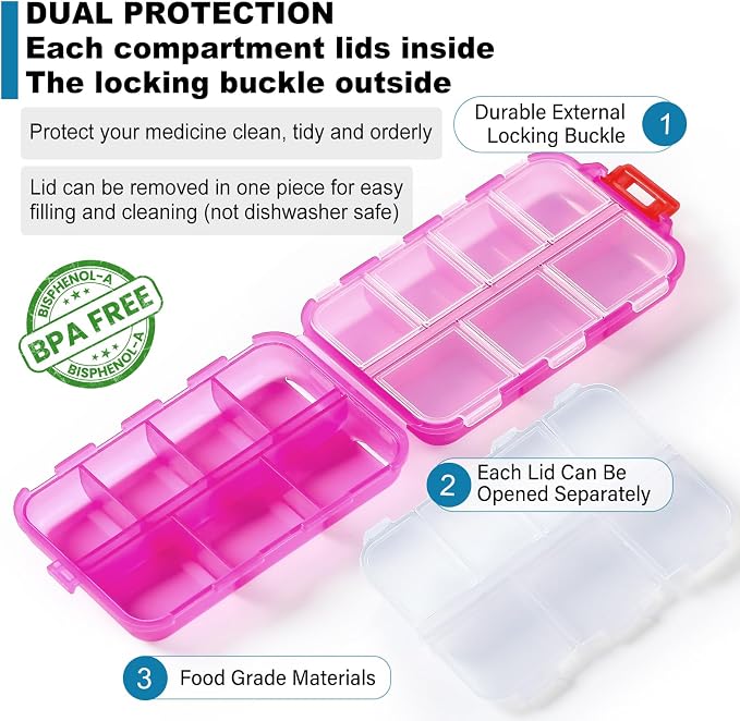 14 GRIDS Travel Pill Organizer Box with Labels - Travel Medicine Case Kit - Pocket Daily Pharmacy Container - Travel Medication Holder Dispenser for Fish Oil Vitamin Supplement Storage - Clear Pink