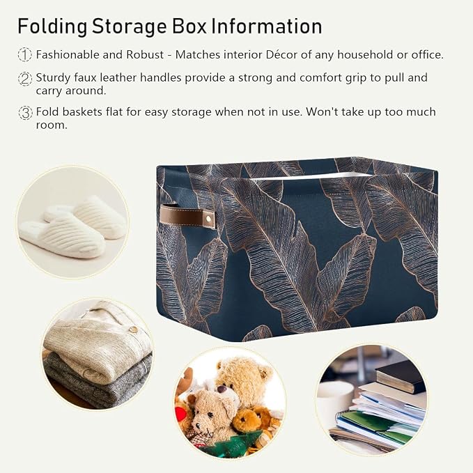 Large Foldable Storage Bin Gold Palm Leaves Navy Blue Fabric Storage Baskets Collapsible Decorative Baskets Organizing Basket Bin with PU Handles for Shelves Home Closet Bedroom Living Room-1Pack
