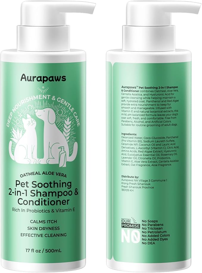 2-in-1 Dog Shampoo & Conditioner, Probiotic Pet Shampoo for Dogs & Cats, Soothes Dry, Itchy, Sensitive Skin, Gentle Formula with Panthenol, Oatmeal & Aloe Scent, Paraben-Free, 17oz, 2-Pack