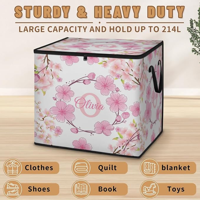 Personalized Extra Large Storage Basket with Lid, Comforters, Bedding Quilt Storage Bin Initial Letter for Home, Collapsible Basket for Clothes, Moving, Car Trunk, Pink Cherry Blossom Flower