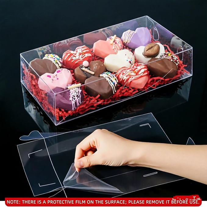 RomanticBaking 12PCS 12x5x2 Inch Clear Treat Boxes for Party Favors | Clear Gift Boxes for Chocolate Covered Strawberries, Cocoa Bombs, Donuts, Muffins, Pastries, Bakery, Cookie, Macaron