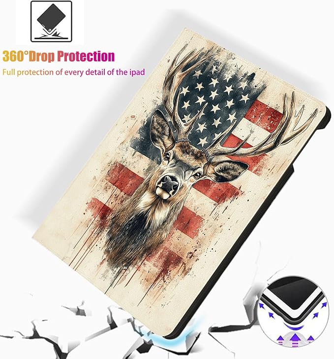 for Microsoft Surface Pro X/Pro X Plus-13 2019/2020/2021/2024 Tablet Case,Auto Wake/Sleep,Adjustable Stand Protective Cover - American Flag Deer