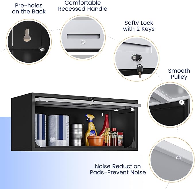 Metal Garage Wall Cabinet with Doors, Wall Mounted Metal Storage Cabinet, Floating Garage Tool Cabinet for Garage, Basement, Kitchen, Warehouse (Black Gray, 13.7" H)