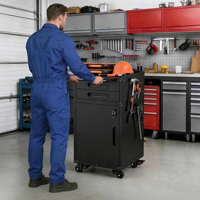 Metal Mobile Tool Storage Cabinet with 1 Locking Door and 2 Drawer | Black Heavy Duty Rolling Tool Cabinets for Garage,Metal Storage Cabinets with Wheels,Assembly Required