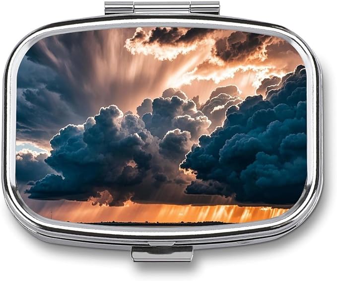 Magnificent Rainstorm Cloud Pill Box 2 Compartment Medicine Pill Case Portable Pill Organizer for Pocket Or Purse Decorative Metal Medicine Vitamin Organizer