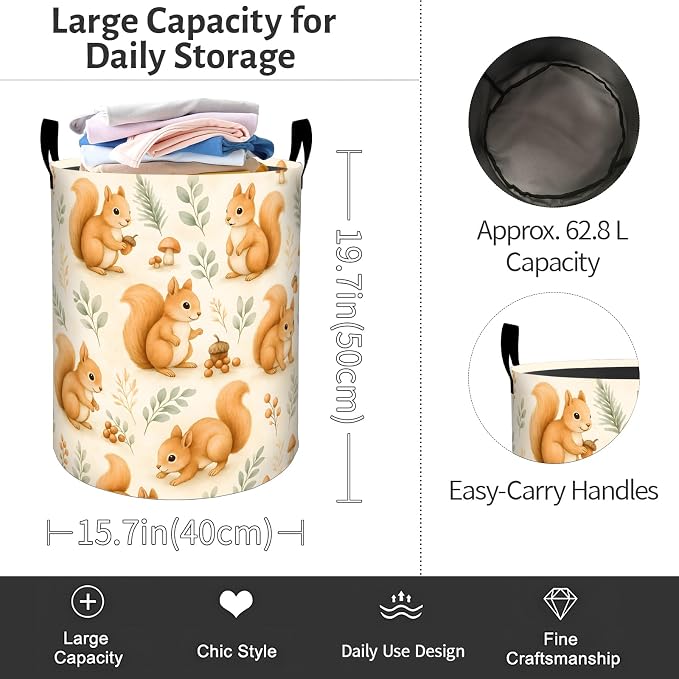 Cute Squirrel Laundry Basket, Watercolor Woodland Foldable Oxford Cloth, Waterproof Dirty Clothes Hamper with Handles, Clothing Storage Bin Toy Organizer for Bedroom Dorm Bathroom, 19.7"x15.7"
