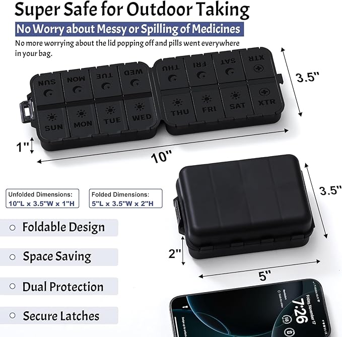 Foldable & Portable Pill Organizer 2 Times A Day with Extra Compartments - Etched Labels - Weekly 7 Day AM PM Medicine Box, Week Daily Travel Pill Case Holder Dispenser for Vitamin, Supplement - Black