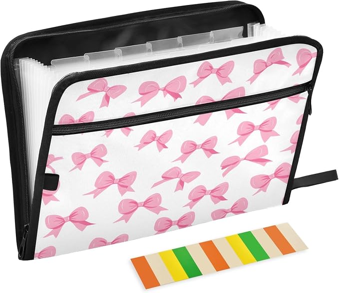 Pink Bow White Background Pattern 13 Pocket File Organizer Expanding File Folder with Front Pouch Portable Business File Storage Document Organizer Folder with Zipper