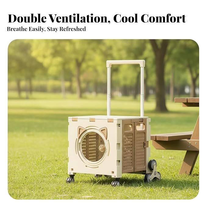 Outdoor Travel Cart Foldable Pet Trolley Carrier Crate with Front Viewing Port and Secure Enclosure with Height, Array, Khaki, Eight-Wheel Climbing Model