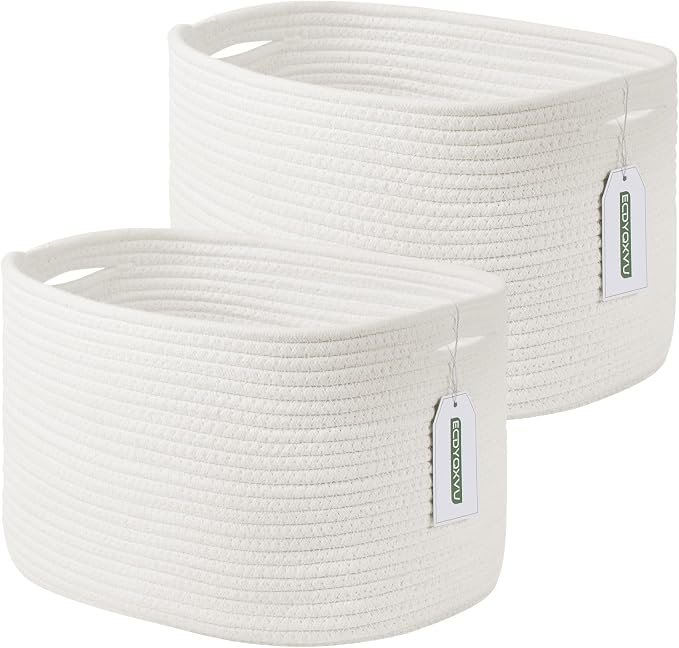 ECDYQXVU 15x10x9 Inch Woven Cotton Rope Storage Basket, 2 Pack | Foldable Design, Built-in Handles, Space-saving Organizer for Living Room, Bedroom, Laundry, Shelves, Clothes, Towels