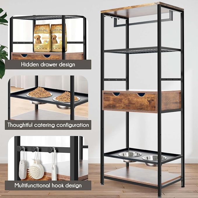 Dog Feeding Station with Storage Large Dog, Pet Dog Food Storage Organizer with Bowls & Shelves, 3 Height Adjustable Raised Dog Bowl Stand for Medium Dogs Cats (Black+Vintage)