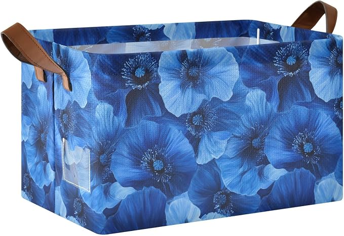 Cobalt Blue Poppy Flower Deep Blue Storage Bins for Shelves with Labels&Handles Fabric Organizer Bin Foldable Rectangle Storage Basket Boxes for Closet, Bathroom, Home, Living Room