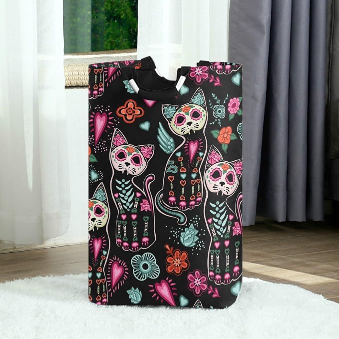 visesunny Collapsible Laundry Basket Sugar Skull Cat Flower Floral Large Laundry Hamper with Handle Toys and Clothing Organization for Bathroom, Bedroom, Home, Dorm, Travel