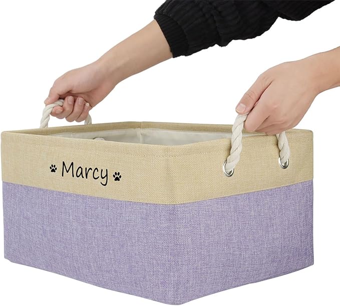Personalized Dog Toy Storage Basket Bin Collapsible Customized Pet's Name Storage Box Organizer for for Dog Toys, Clothing, Apparel & Accessories (Purple, L)