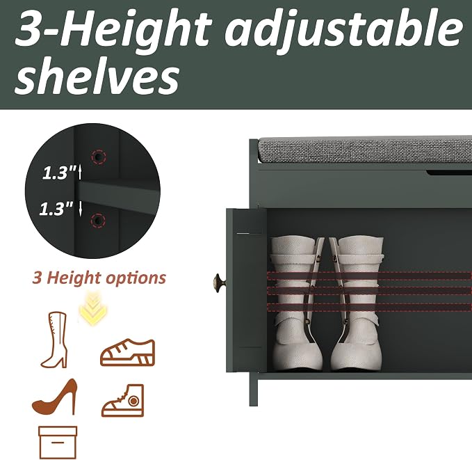 HOMEFORT 54.4" Shoe Bench with Lift Top Storage, Entryway Bench with Cushioned Seat, Wooden End of Bed Bench, Shoe Cabinet Bench with Hidden Storage Space, for Bedroom, Hallway,Green