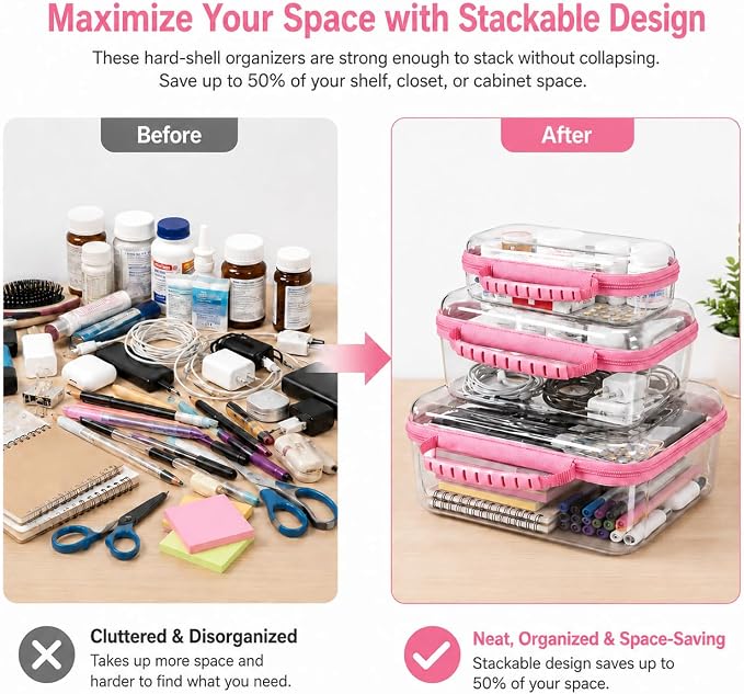 Clear Hard Shell Zipper Case 3PCS Set, 1.2mm PET Travel Organizer | Deep waterproof stackable storage pouches with handle. Heavy duty clear zipper bags for travel, makeup, toys and snacks