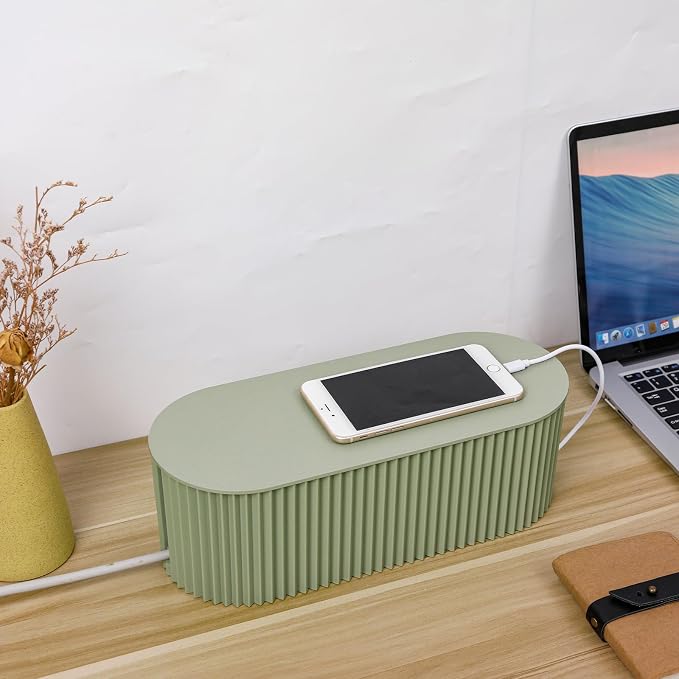 FABROK Cable Management Box, Power Strip Holder, Large, Green | Desk Cord Organizer, Charger Storage Basket, Surge Protector Cover, Floor TV Computer Wires Hider, For Home, Office