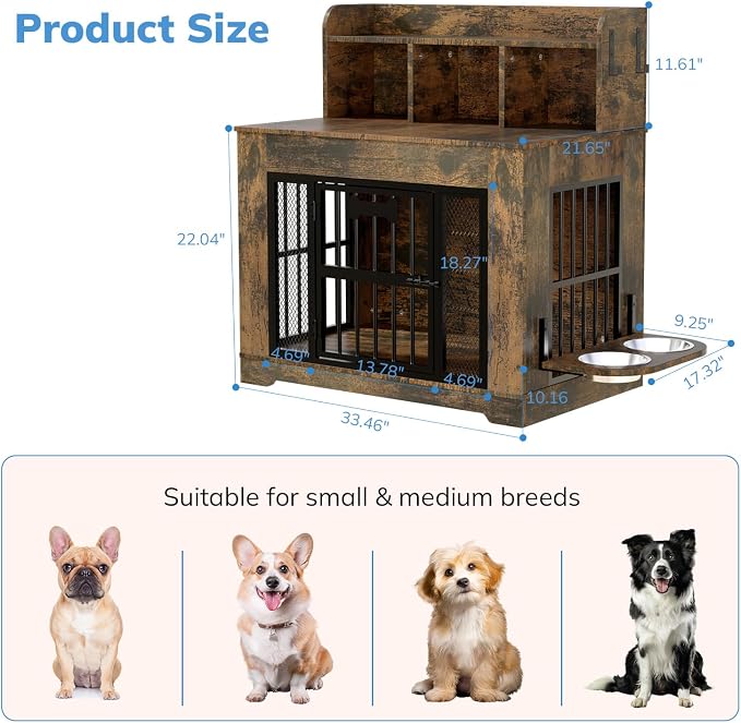 Petrova 33" Dog Crate Furniture with Storage Shelf & 2 Stainless Steel Bowls, Heavy Duty Indoor Dog Kennel for Medium/Small Dogs, Wooden Dog Cage with 4 Hooks, LED Light, Walnut Brown