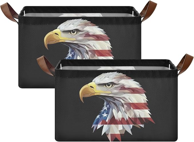 Eagle American Flag Patriotic Black Storage Basket Foldable Cube Storage Bins with Handles&Label Collapsible Organizer Box Bin Large Rectangle Decorative Baskets for Shelves Home Room Closet, 2Pack