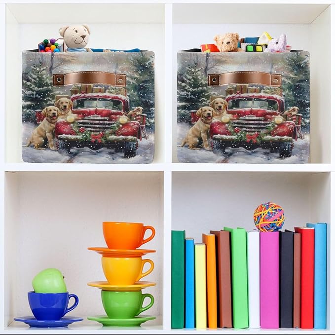 Christmas Truck Golden Retriever Storage Basket Fabric Kitchen Baskets Winter Car Dogs Xmas Tree Open Home Storage Bins Boxes Foldable Organizer Bag for Book Shelf Closet Baskets 16×12×8 Inches 2 Pack