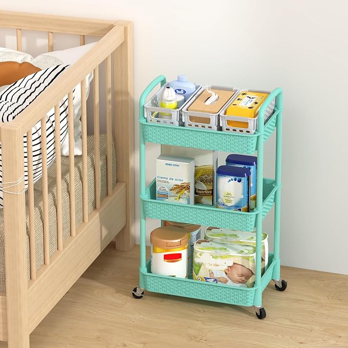 MOYIPIN 3-Tier Plastic Rolling Utility Cart with Handle,Turquoise | Utility Storage Cart for Office, Living Room, Kitchen,Movable Storage Organizer，Easy installation，Rattan-like art design