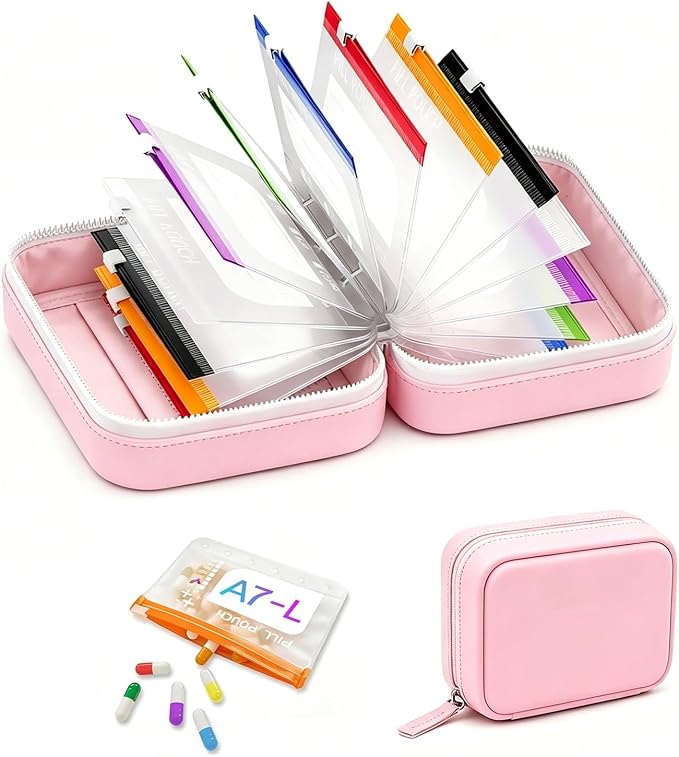 Waterproof Pill Organizer Set, Waterproof Pill Pouch Set for Travel, Pill Storage with 14 Color-Coded Pouches and Zipper, Reusable Travel Medicine Organizer for Vitamins Supplements Fish Oils (Pink)