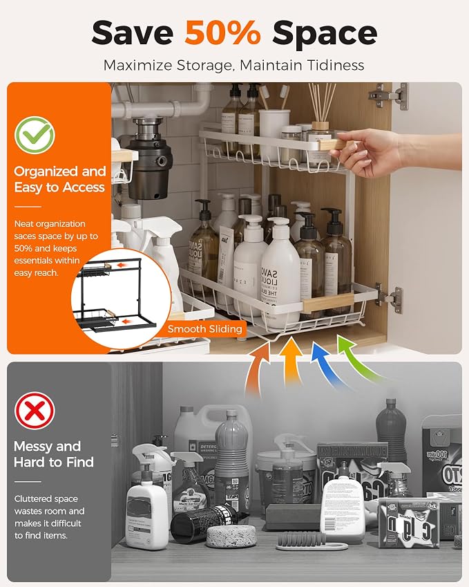 2-Pack 2-Tier Height Adjustable Under Sink Organizer & Storage | Multi-purpose storage for kitchen & bathroom cabinet. Extra Large white shelf, height adjustable design for space-saving.