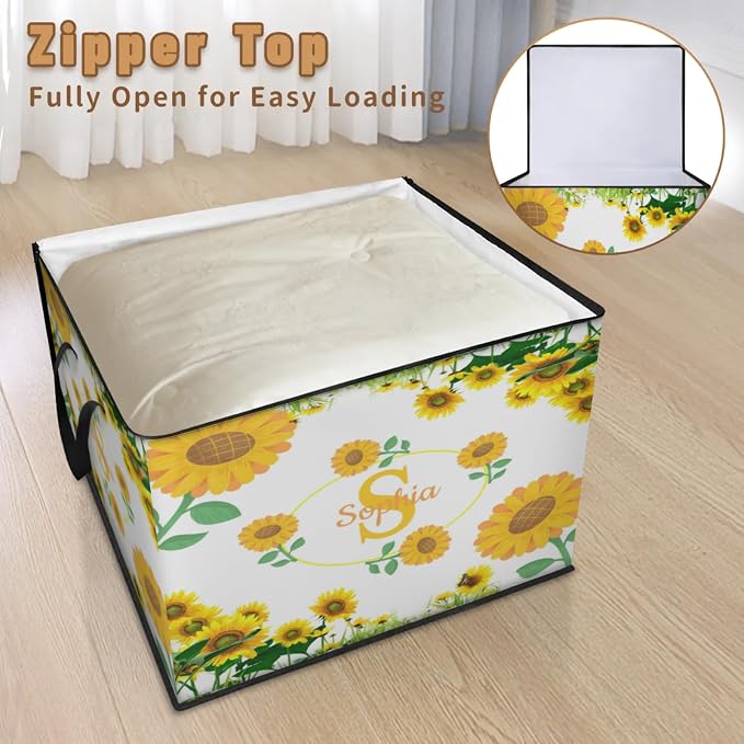 Personalized Extra Storage Bins with Lid, Customized Name Initial Letter Jumbo Storage Basket Rectangle Clothes Organizer for Organizing Kids and Pets Toys Shelf Closet, Summer Sunflowers