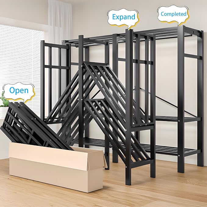 66in Heavy Duty Portable Closet with Black Cover | Foldable Covered Clothes Rack for Hanging Armoire Wardrobe Closet System Freestanding Coat Storage Garment Racks