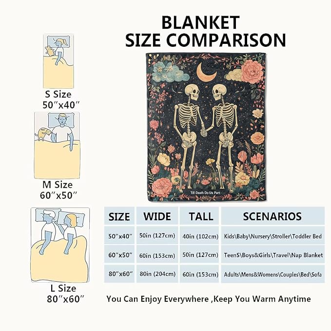 Gothic Skull Blanket Skeleton Romantic Throw Blankets with Flowers & Crescent Moon,Birthday Gifts for Kids Adult,Lightweight Soft Fleece,for Sofa Couch Bed Room Goth Halloween Decor 50x60in