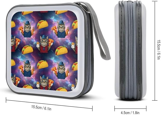 40-Disc CD/DVD Protective Case Funny Cute Galaxy Cat Taco Pizza, Hard Plastic Binder with Zipper, Portable Storage Organizer for Travel Office