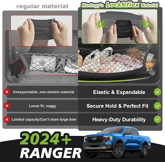 Muslogy Cargo Net for Ford Ranger 2024 2025 2026 Accessories | Custom Fit, Truck Bed Storage Organizer Net for Pickup Truck Bed Divider, Heavy Duty Carabiners, Night Visible Grab Handle