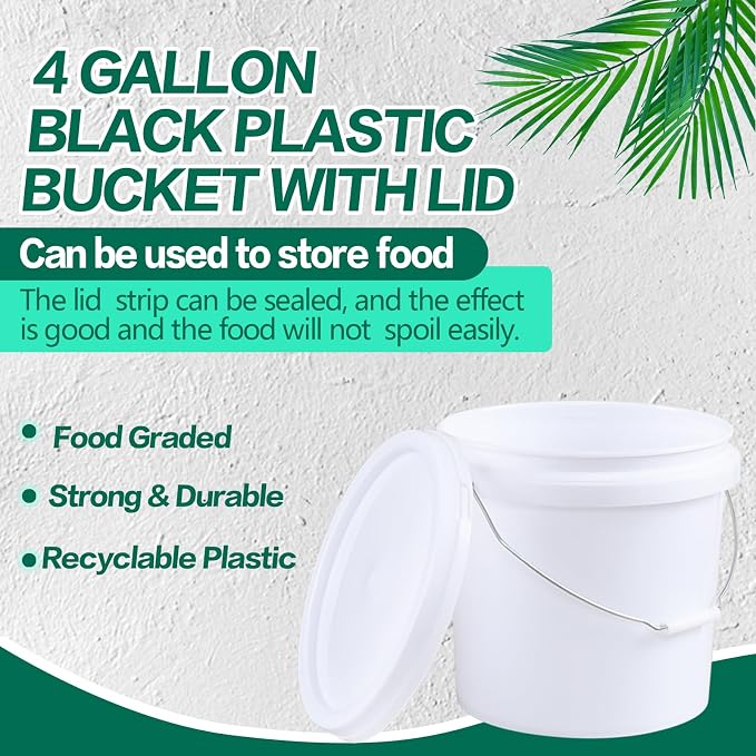 4 Gallon Food Grade Bucket with Lid, 4 Pack Bucket Pails | Round White All-Purpose Pails for Storage, Prep, Fermenting, Cleaning, Durable Reusable Containers with Handle