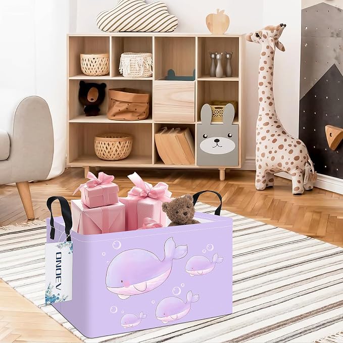 Rectangular Purple Whale Waterproof Collapsible Storage Bin Organizer | stain-proof canvas, reinforced handles, planet print for laundry, study, living room, hallway, closet and playroom